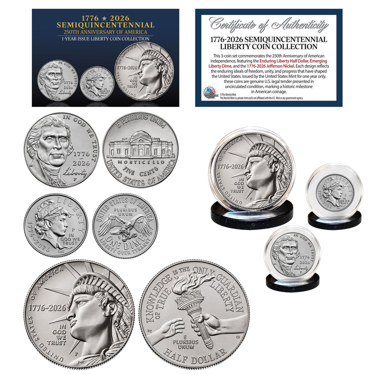 (P-MINT) 1776β2026 Semiquincentennial Liberty 3-Coin Set β USA 250th Collector's Edition