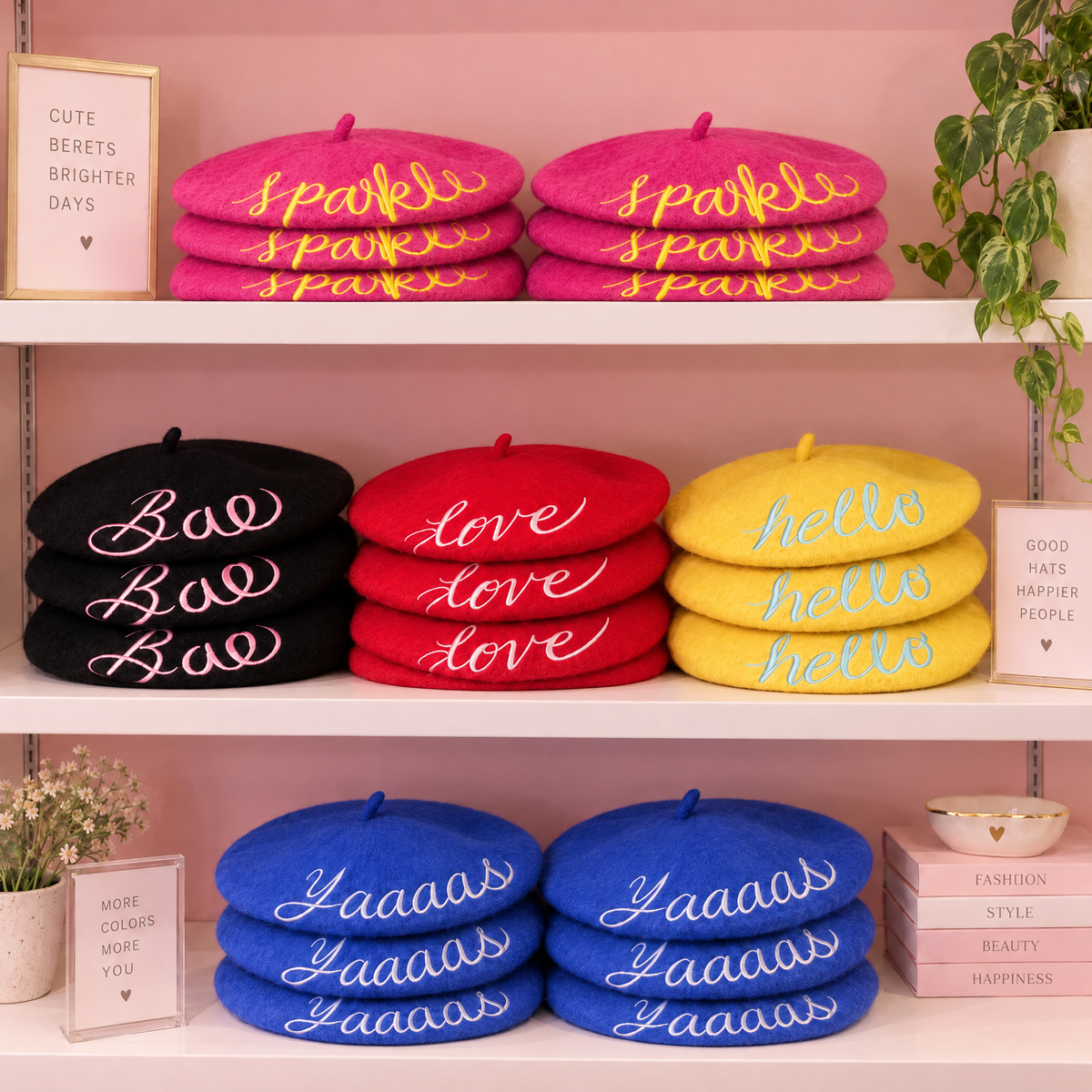 Hello Embroidered Beret in Yellow