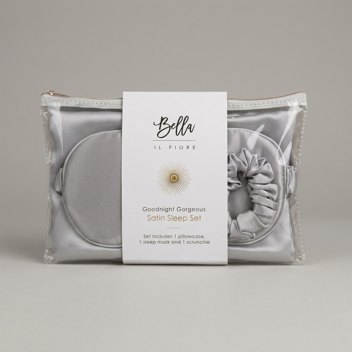 Giftable Gray Goodnight Gorgeous Satin Sleep Set [Includes Pillowcase, Sleep Mask + Scrunchie]