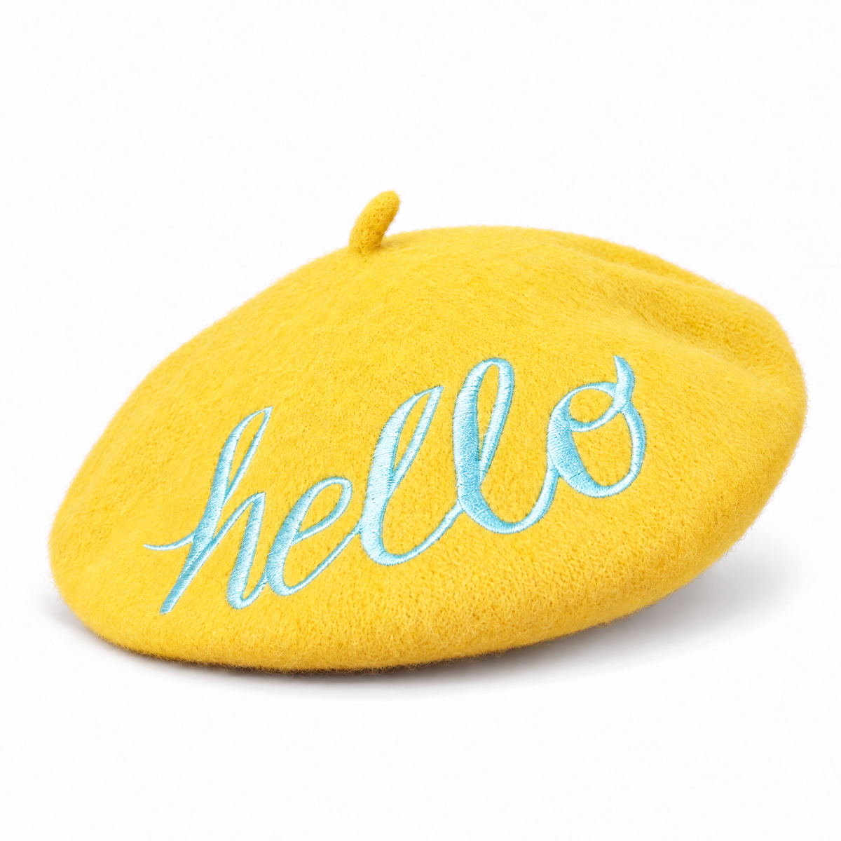 Hello Embroidered Beret in Yellow
