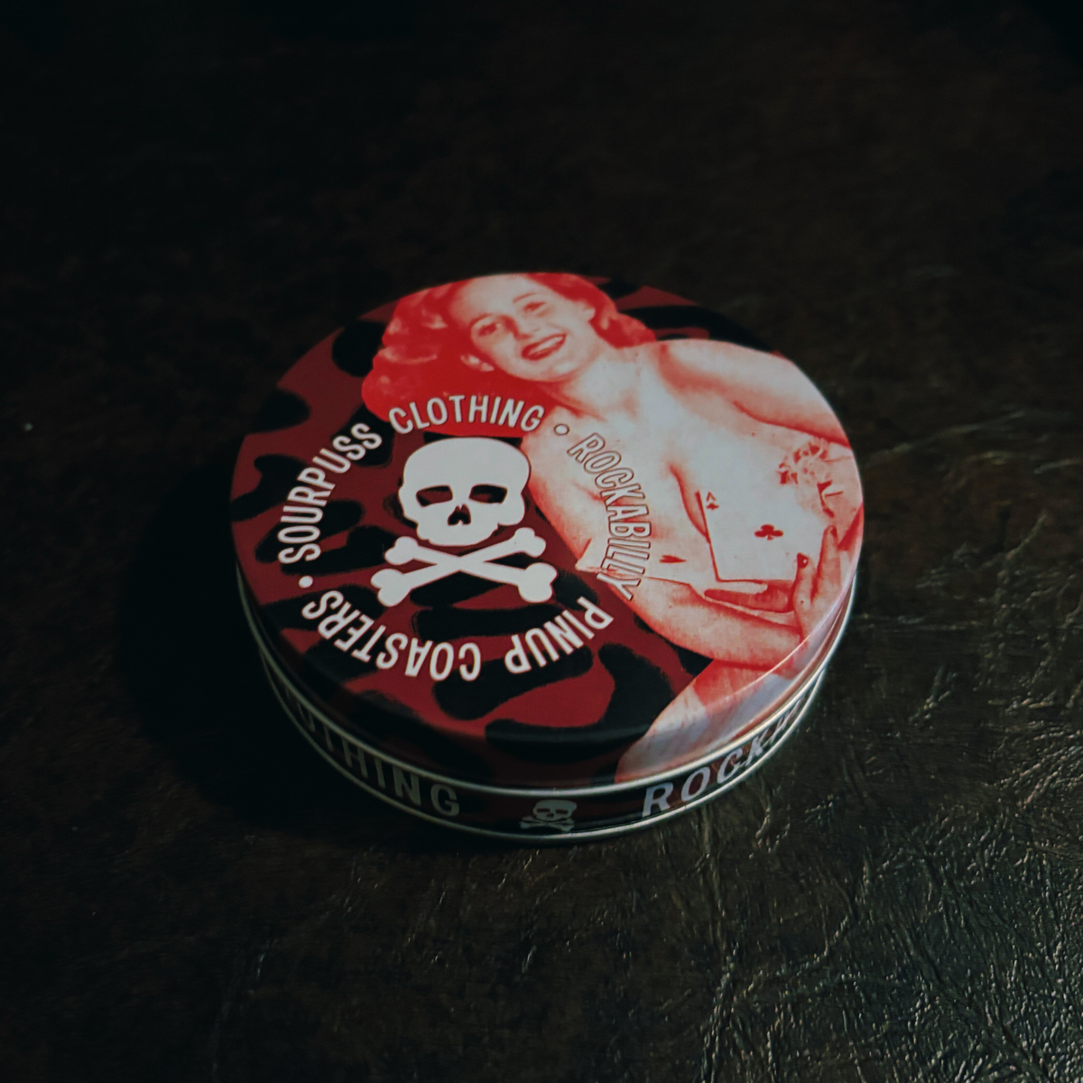 Sourpuss Nudie Coasters | Rockabilly Pin-Up Girls Set of Four | Metal & Cork Retro Drinkware with Storage Tin